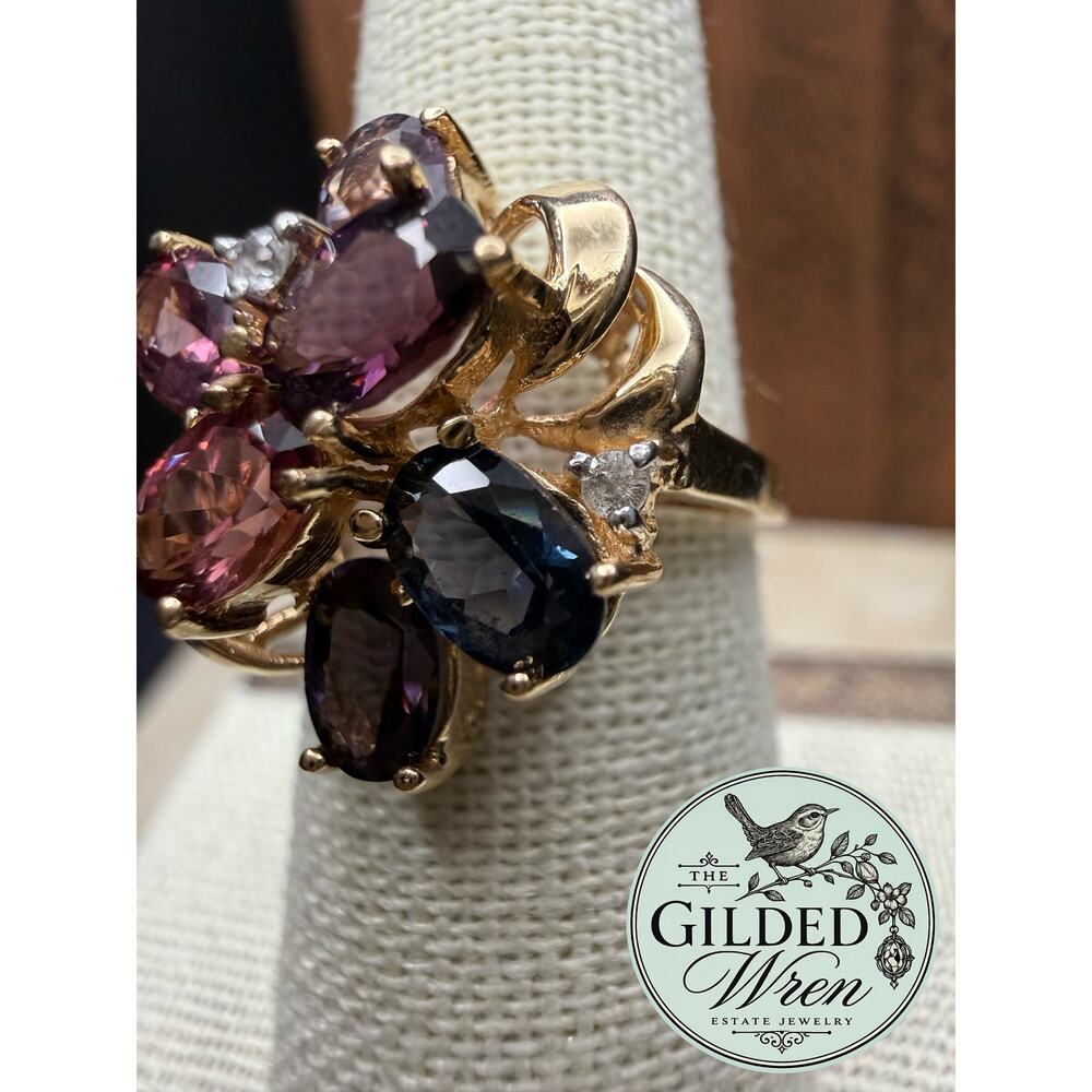 Vintage 14K Gold Multicolor Spinel Sapphire Cocktail Ring Mid Century Sz 6.75 - Picture 12 of 16